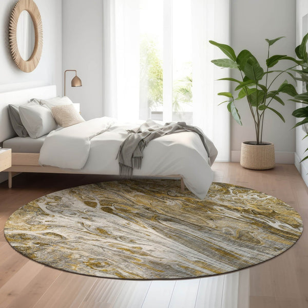 HomeRoots 8' Abstract Round Rug in Brown, Gray & Ivory - Washable, UV-Resistant, Durable for Homes with Kids & Pets 650923