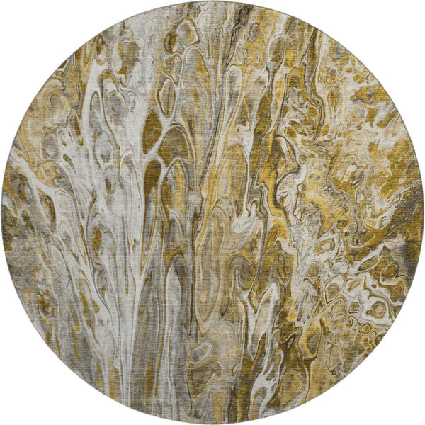 HomeRoots 8' Abstract Round Rug in Brown, Gray & Ivory - Washable, UV-Resistant, Durable for Homes with Kids & Pets 650923