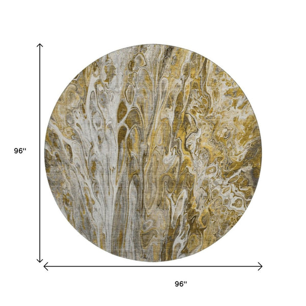 HomeRoots 8' Abstract Round Rug in Brown, Gray & Ivory - Washable, UV-Resistant, Durable for Homes with Kids & Pets 650923