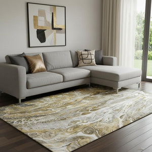 HomeRoots 9' X 12' Stylish Brown Gray Ivory Abstract Area Rug - Washable, UV Protected, Durable & Versatile! 650925