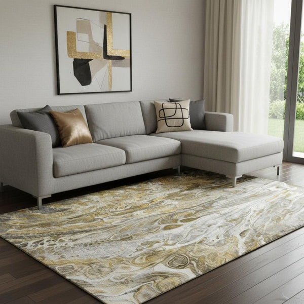 HomeRoots 9' X 12' Stylish Brown Gray Ivory Abstract Area Rug - Washable, UV Protected, Durable & Versatile! 650925