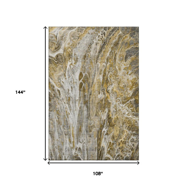 HomeRoots 9' X 12' Stylish Brown Gray Ivory Abstract Area Rug - Washable, UV Protected, Durable & Versatile! 650925