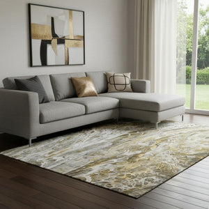 HomeRoots 10' X 14' Abstract Washable Area Rug in Brown, Gray, Ivory - Stylish, Durable, UV Protected Design! 650926