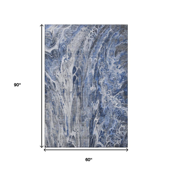 HomeRoots 5' X 8' Blue Gray & Ivory Abstract Area Rug - Washable, UV Protected, Stain Resistant for Easy Care 650928