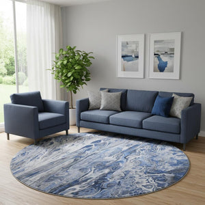 HomeRoots 8' Blue Gray and Ivory Abstract Washable Round Rug - Durable, UV-Protected, Easy Care for Modern Spaces 650929