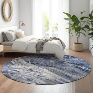 HomeRoots 8' Blue Gray and Ivory Abstract Washable Round Rug - Durable, UV-Protected, Easy Care for Modern Spaces 650929