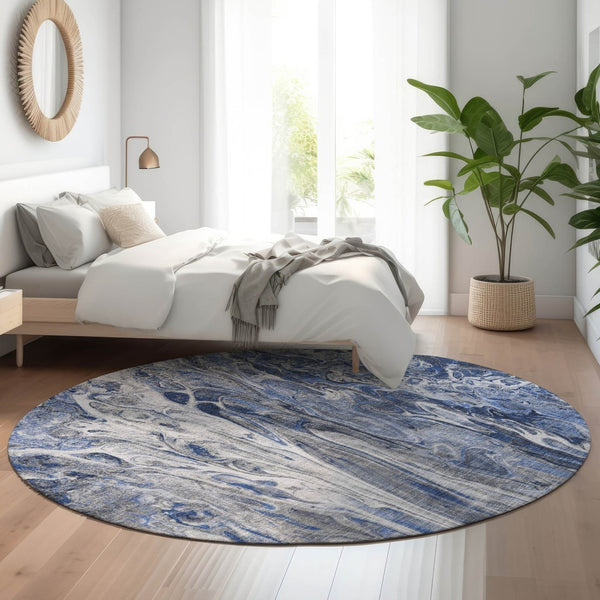 HomeRoots 8' Blue Gray and Ivory Abstract Washable Round Rug - Durable, UV-Protected, Easy Care for Modern Spaces 650929
