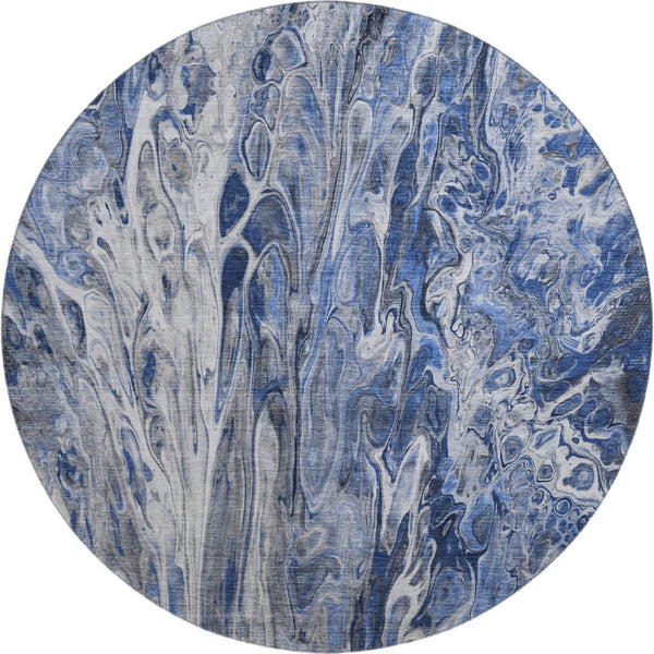 HomeRoots 8' Blue Gray and Ivory Abstract Washable Round Rug - Durable, UV-Protected, Easy Care for Modern Spaces 650929