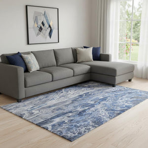 HomeRoots 9' X 12' Modern Blue-Gray & Ivory Abstract Washable Area Rug with UV Protection for High Traffic Areas 650931