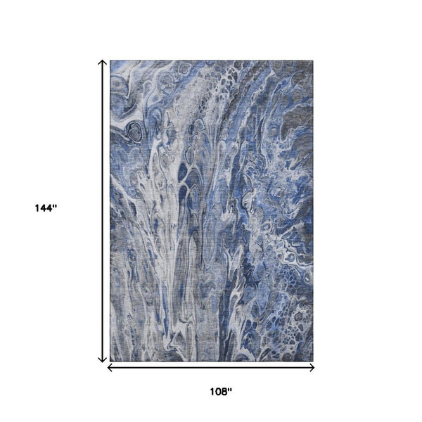HomeRoots 9' X 12' Modern Blue-Gray & Ivory Abstract Washable Area Rug with UV Protection for High Traffic Areas 650931