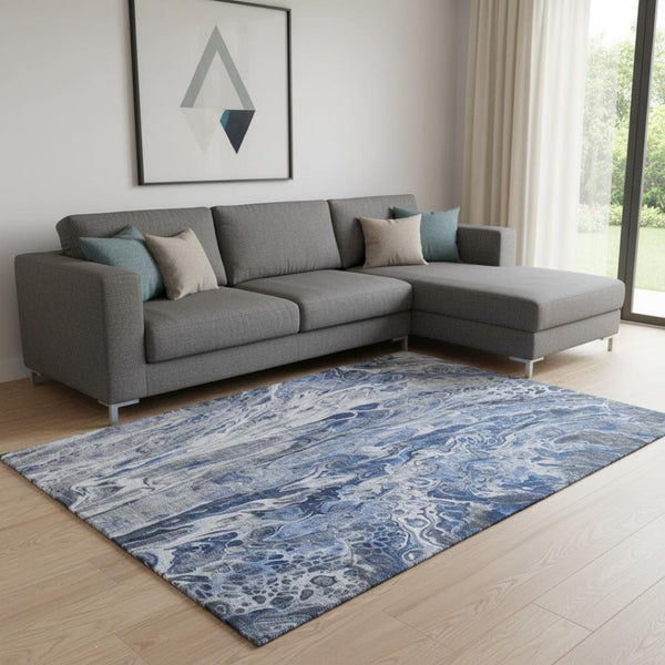 HomeRoots 10' Blue Gray and Ivory Abstract Area Rug - Washable, UV Protected, Durable for High-Traffic Spaces 650932