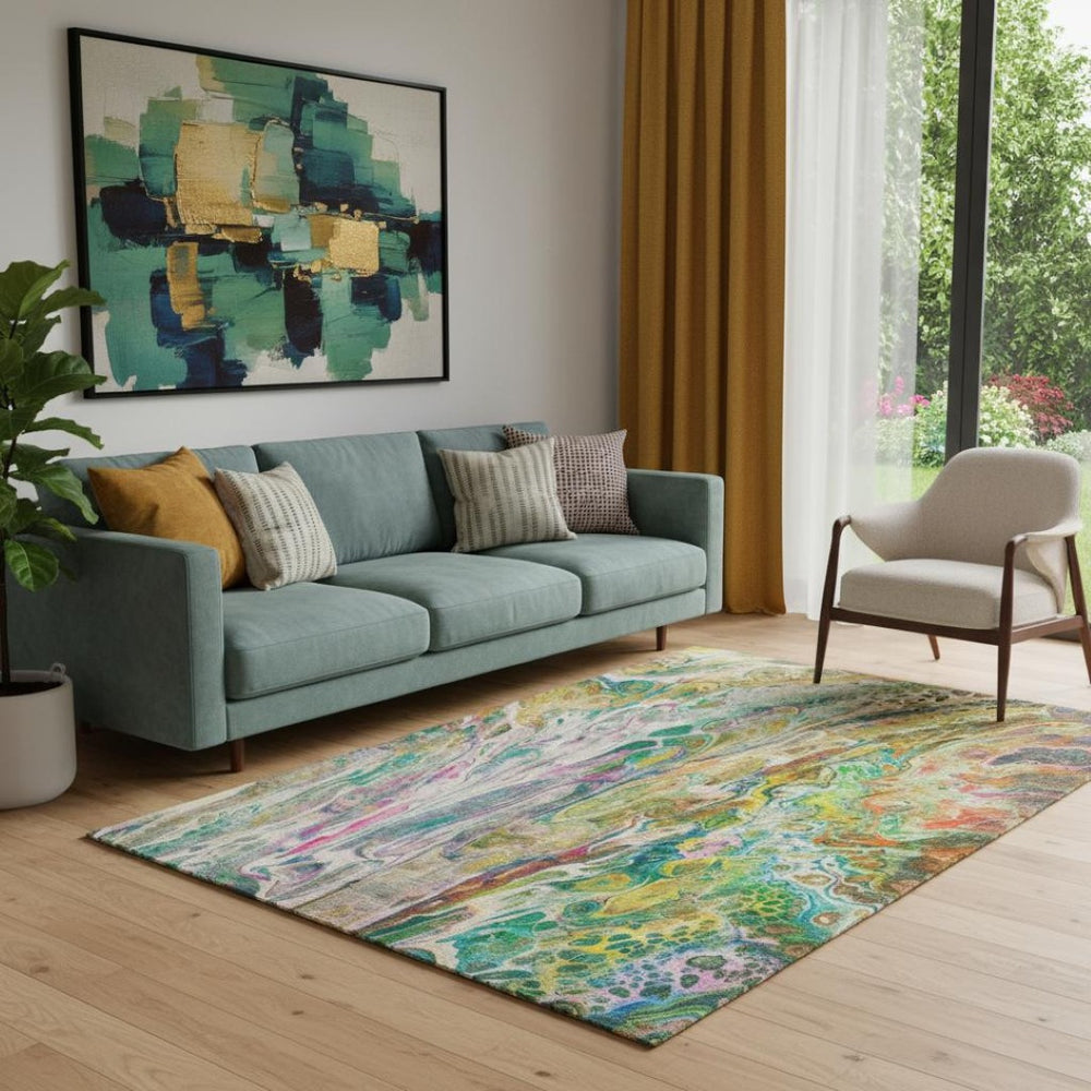HomeRoots 5' X 8' Stylish Green Gold Teal Abstract Area Rug – Washable, UV Protected, Perfect for Homes! 650934