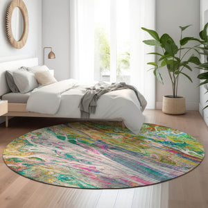 HomeRoots 8' Green Gold And Teal Abstract Washable Round Rug - UV Protected, Stylish & Kid-Pet Friendly! 650935