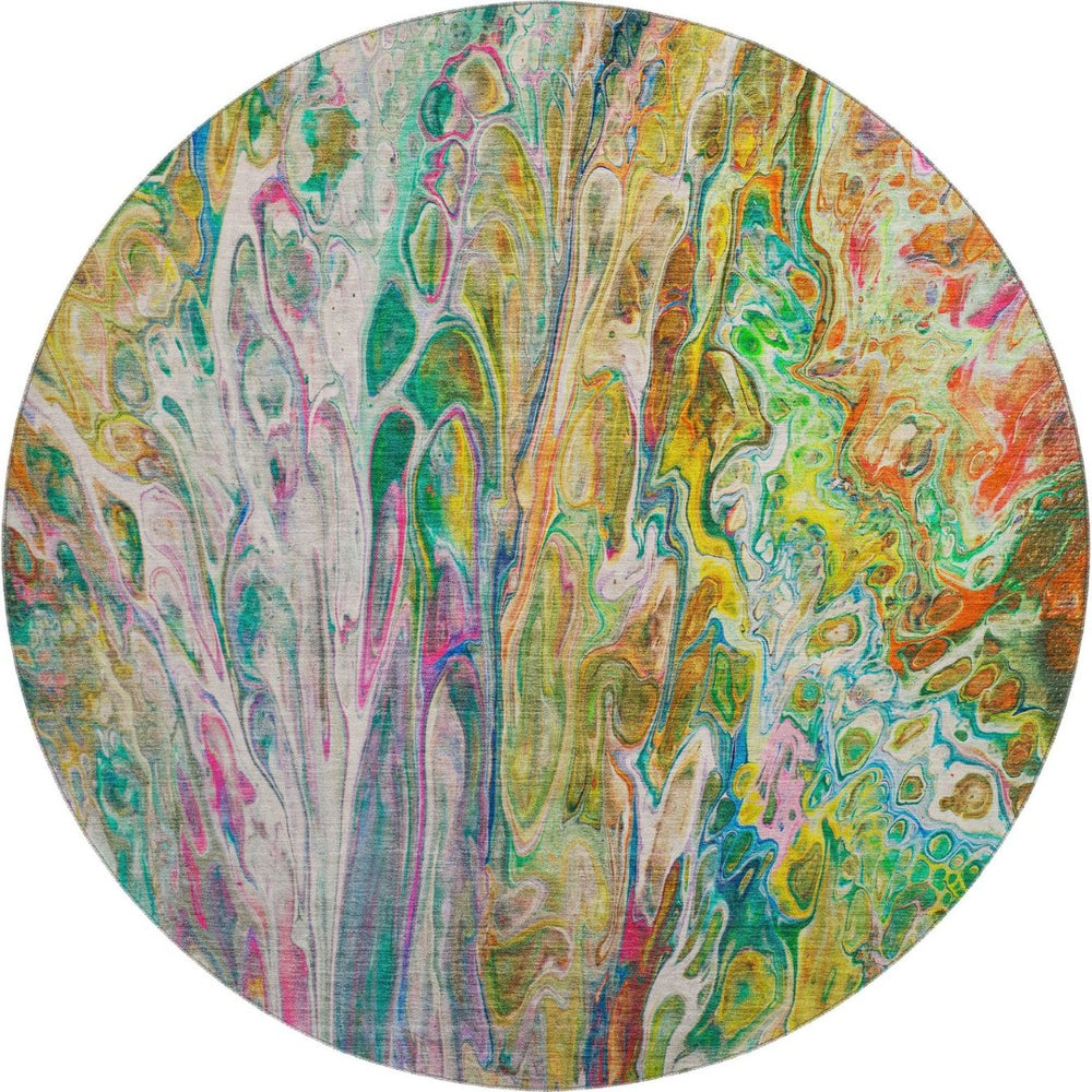 HomeRoots 8' Green Gold And Teal Abstract Washable Round Rug - UV Protected, Stylish & Kid-Pet Friendly! 650935