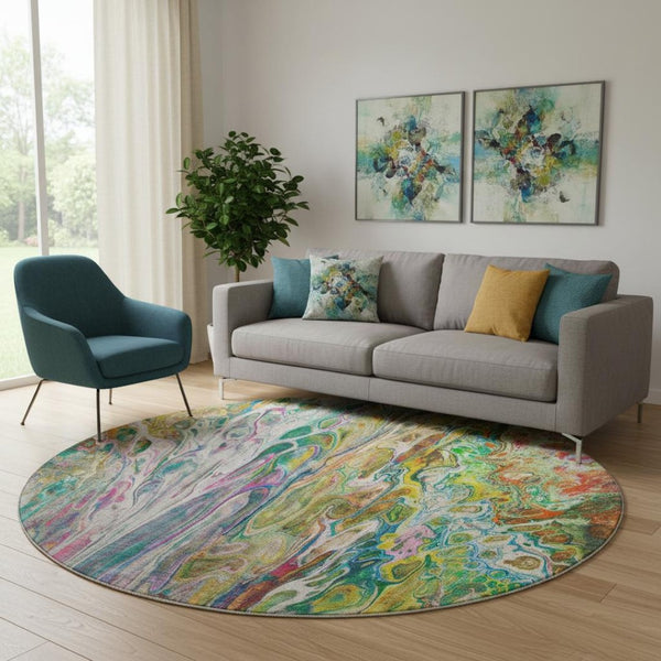 HomeRoots 8' Green Gold And Teal Abstract Washable Round Rug - UV Protected, Stylish & Kid-Pet Friendly! 650935