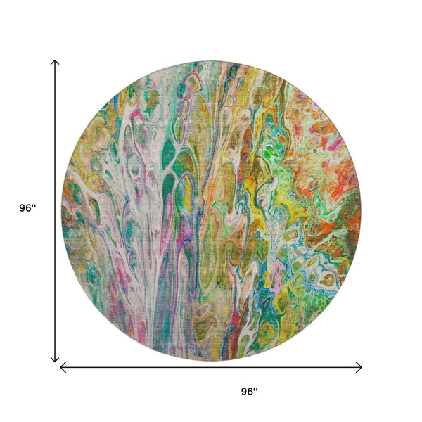 HomeRoots 8' Green Gold And Teal Abstract Washable Round Rug - UV Protected, Stylish & Kid-Pet Friendly! 650935