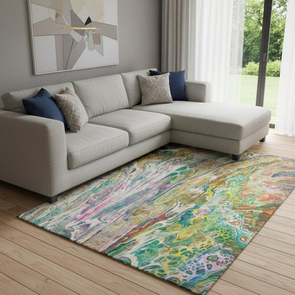 HomeRoots 8' X 10' Abstract Area Rug in Green, Gold & Teal - Washable, Stain-Resistant, UV Protected Design 650936