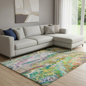 HomeRoots 9' X 12' Abstract Area Rug in Green, Gold & Teal – Washable, UV Protected, Durable for High-Traffic Spaces 650937