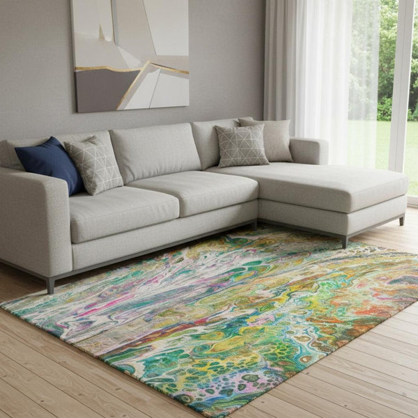 HomeRoots 9' X 12' Abstract Area Rug in Green, Gold & Teal – Washable, UV Protected, Durable for High-Traffic Spaces 650937
