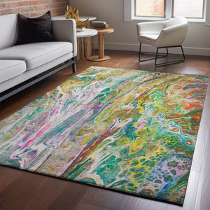 HomeRoots 9' X 12' Abstract Area Rug in Green, Gold & Teal – Washable, UV Protected, Durable for High-Traffic Spaces 650937