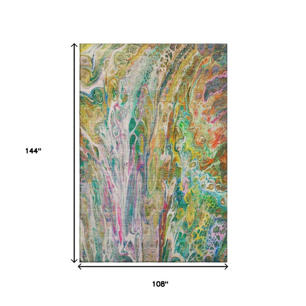 HomeRoots 9' X 12' Abstract Area Rug in Green, Gold & Teal – Washable, UV Protected, Durable for High-Traffic Spaces 650937