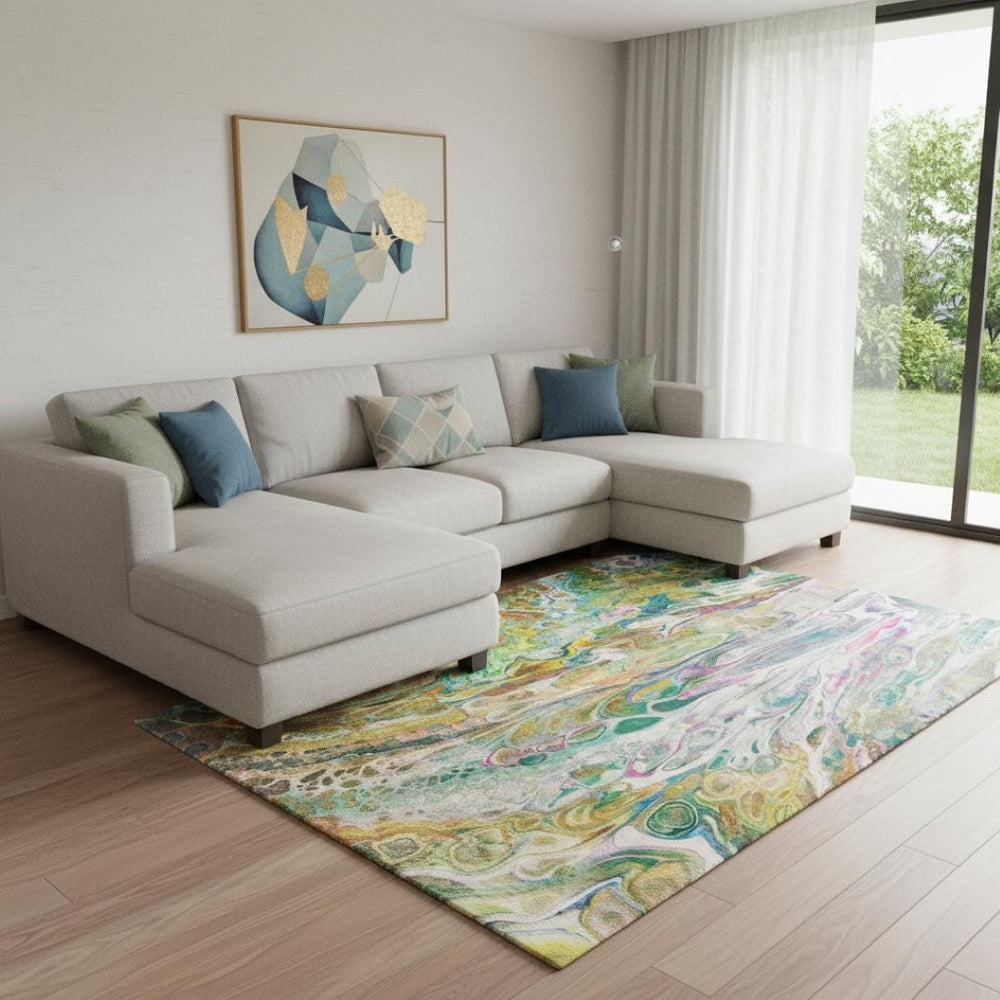 HomeRoots 10' X 14' Abstract Area Rug in Green, Gold & Teal – Washable, UV Protected, Durable for Homes 650938