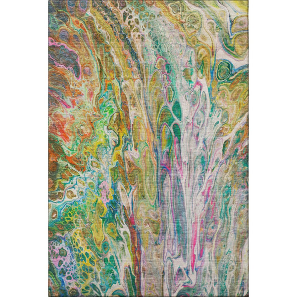 HomeRoots 10' X 14' Abstract Area Rug in Green, Gold & Teal – Washable, UV Protected, Durable for Homes 650938