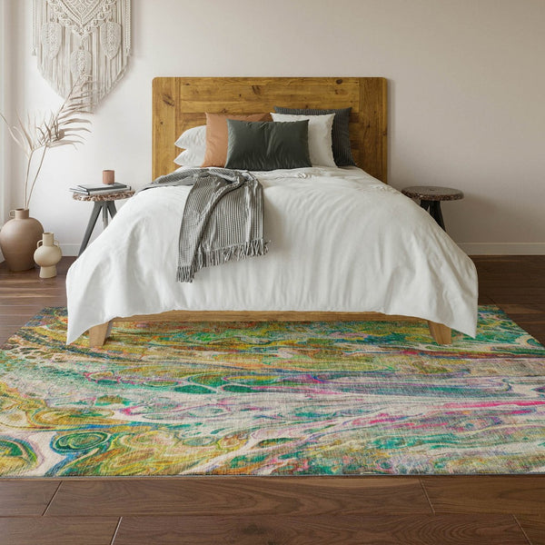 HomeRoots 10' X 14' Abstract Area Rug in Green, Gold & Teal – Washable, UV Protected, Durable for Homes 650938