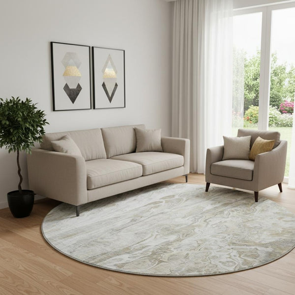 HomeRoots 8' Modern Taupe Gray and Ivory Abstract Round Washable Rug with UV Protection for Busy Homes 650941