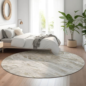 HomeRoots 8' Modern Taupe Gray and Ivory Abstract Round Washable Rug with UV Protection for Busy Homes 650941