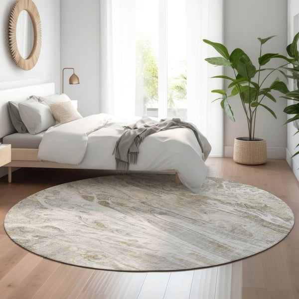 HomeRoots 8' Modern Taupe Gray and Ivory Abstract Round Washable Rug with UV Protection for Busy Homes 650941