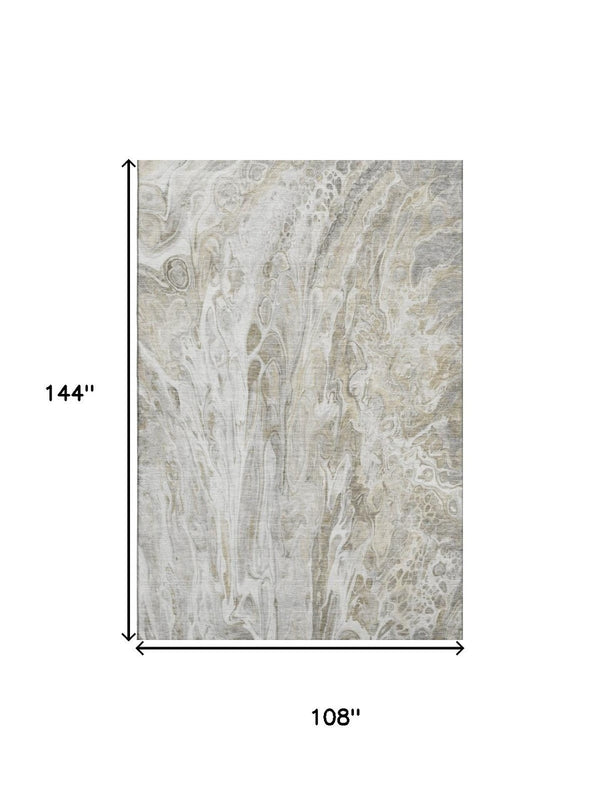 HomeRoots 9' x 12' Abstract Washable Area Rug in Taupe Gray & Ivory - Stain Resistant, UV Protected, Stylish Comfort 650943