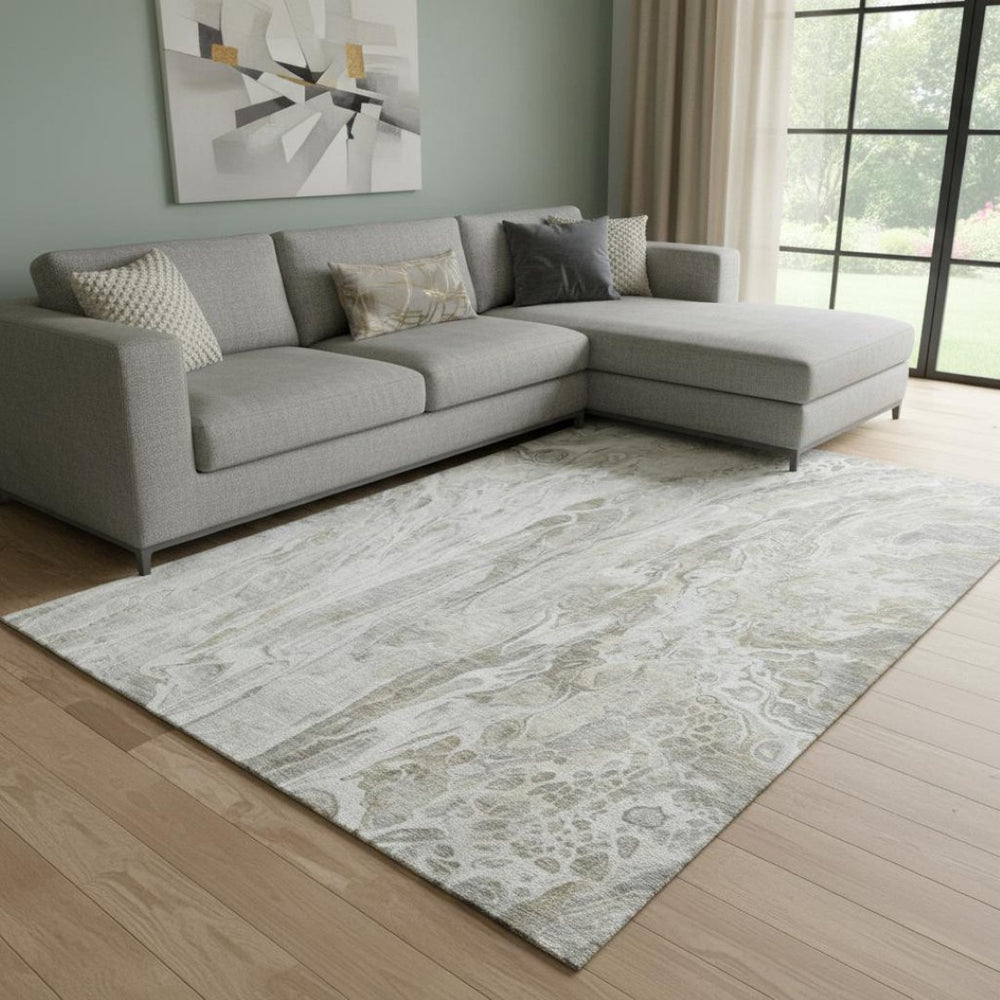 HomeRoots 9' x 12' Abstract Washable Area Rug in Taupe Gray & Ivory - Stain Resistant, UV Protected, Stylish Comfort 650943