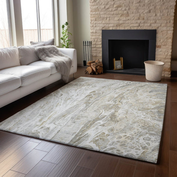 HomeRoots 10' X 14' Abstract Taupe Gray & Ivory Area Rug – Durable, Washable, UV Protected for Busy Homes 650944