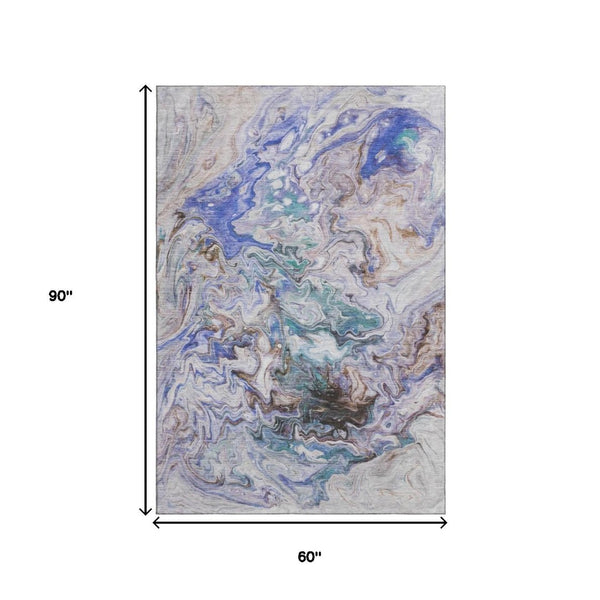 HomeRoots 5' X 8' Abstract Beige Blue Ivory Washable Area Rug - Durable, UV-Protected, Stain-Resistant Design! 650946