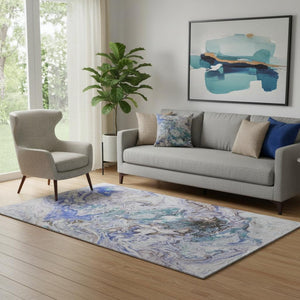 HomeRoots 5' X 8' Abstract Beige Blue Ivory Washable Area Rug - Durable, UV-Protected, Stain-Resistant Design! 650946