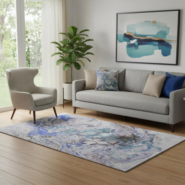 HomeRoots 5' X 8' Abstract Beige Blue Ivory Washable Area Rug - Durable, UV-Protected, Stain-Resistant Design! 650946