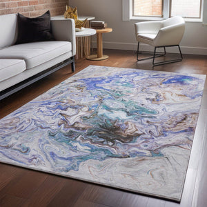HomeRoots 5' X 8' Abstract Beige Blue Ivory Washable Area Rug - Durable, UV-Protected, Stain-Resistant Design! 650946