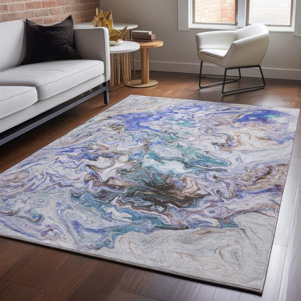 HomeRoots 5' X 8' Abstract Beige Blue Ivory Washable Area Rug - Durable, UV-Protected, Stain-Resistant Design! 650946