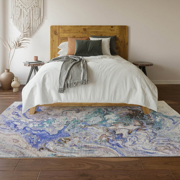 HomeRoots 5' X 8' Abstract Beige Blue Ivory Washable Area Rug - Durable, UV-Protected, Stain-Resistant Design! 650946