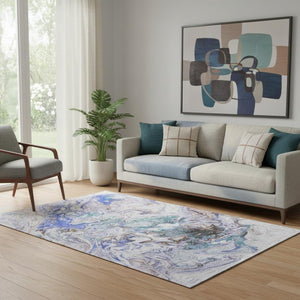 HomeRoots 5' X 8' Abstract Beige Blue Ivory Washable Area Rug - Durable, UV-Protected, Stain-Resistant Design! 650946