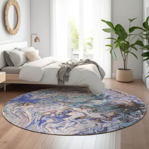 HomeRoots 8' Modern Abstract Washable Round Rug in Beige, Blue & Ivory – UV Protected, Pet-Friendly Design 650947