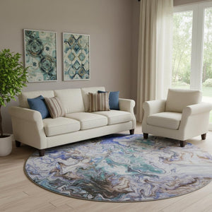 HomeRoots 8' Modern Abstract Washable Round Rug in Beige, Blue & Ivory – UV Protected, Pet-Friendly Design 650947