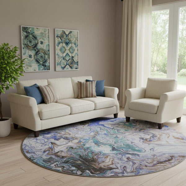 HomeRoots 8' Modern Abstract Washable Round Rug in Beige, Blue & Ivory – UV Protected, Pet-Friendly Design 650947