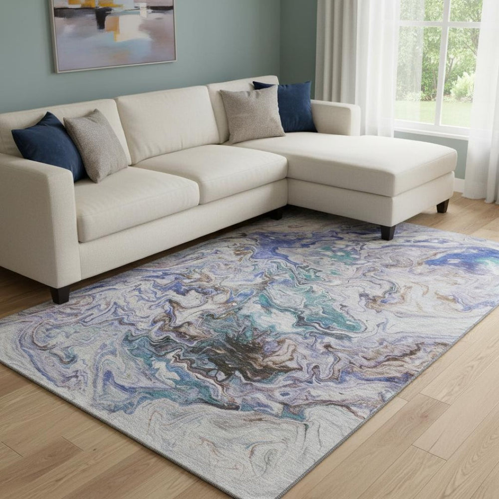 HomeRoots 9' X 12' Stylish Abstract Area Rug in Beige, Blue & Ivory - Washable, UV Protected & Stain Resistant! 650949