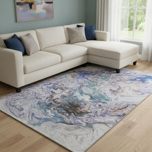HomeRoots 9' X 12' Stylish Abstract Area Rug in Beige, Blue & Ivory - Washable, UV Protected & Stain Resistant! 650949
