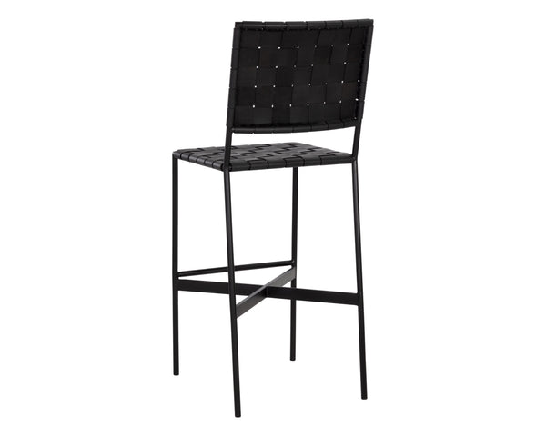 Sunpan Omari Elevated Bar Stool - Handcrafted Black Leather Weaved Seat with Stylish Iron Frame Design Black Leather