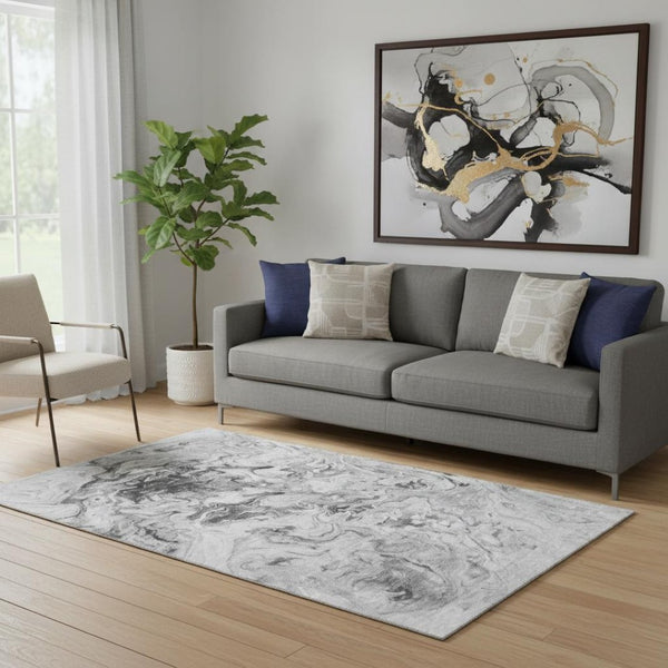 HomeRoots 5' X 8' Gray And Ivory Abstract Area Rug - Durable, Washable, Stain-Resistant, UV Protected Design 650952
