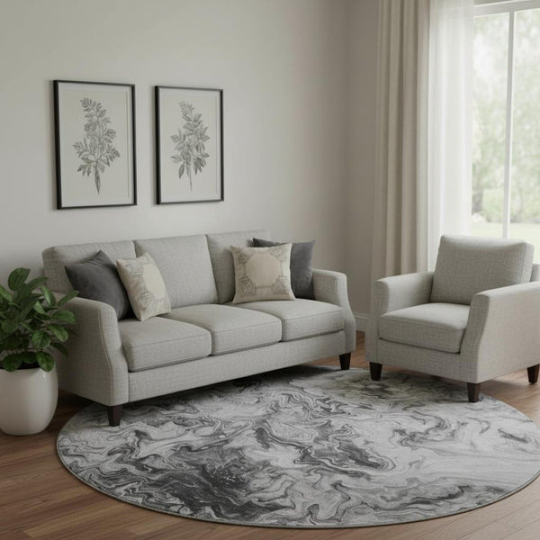 HomeRoots 8' Gray And Ivory Abstract Washable Round Rug - Durable, Stain-Resistant, UV Protected for Modern Homes 650953