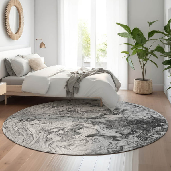 HomeRoots 8' Gray And Ivory Abstract Washable Round Rug - Durable, Stain-Resistant, UV Protected for Modern Homes 650953